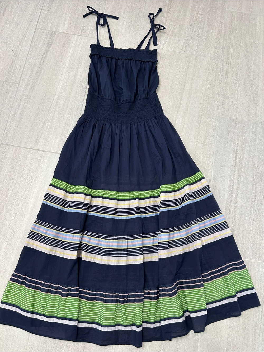 Tory Burch Navy Maxi Dress with Green and White Stripe Hem